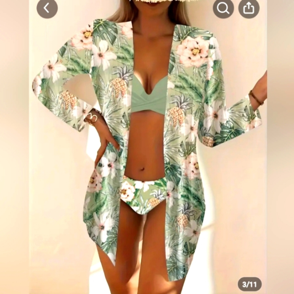Women's Floral Green Bikini Set With Coverup Size Medium - Picture 1 of 5